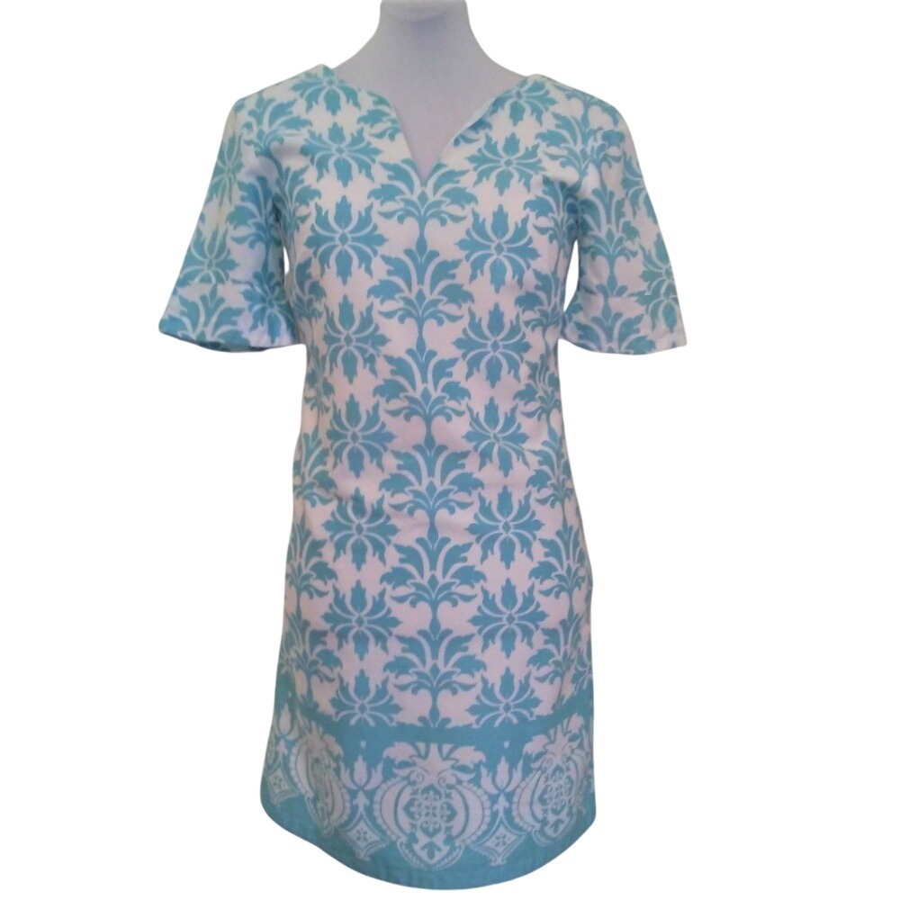 Ann Taylor Teal Blue White Damask Floral Border Hem Shift Dress Sz 0 Short Sleev